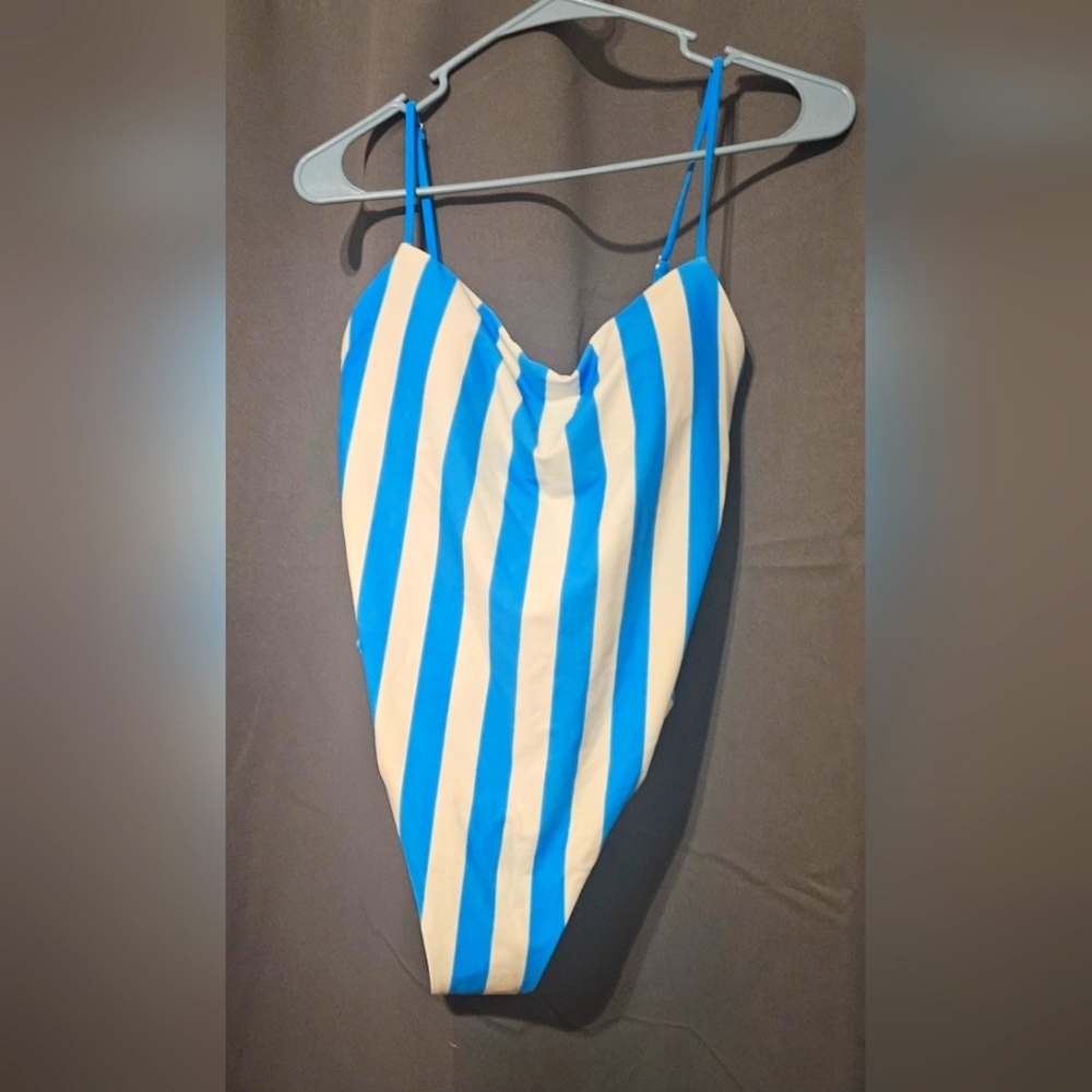 Blue and White Striped Swimsuit